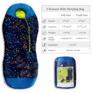 AceCamp Glow in The Dark Mummy Sleeping Bag for Kids and Youth, Temperature Rating 30°F/-1°C, Water-Resistant for Camping, Hiking, and Slumber Party (Blue, Kid's)