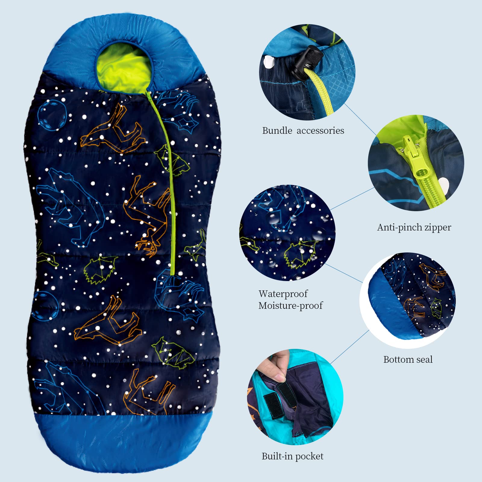 AceCamp Glow in The Dark Mummy Sleeping Bag for Kids and Youth, Temperature Rating 30°F/-1°C, Water-Resistant for Camping, Hiking, and Slumber Party (Blue, Kid's)