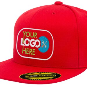 Personalized Flexfit 210 Cap. Custom Logo Hat. Embroidered. Fitted Flat Bill (Red, L/XL (7 1/4” - 7 5/8”))