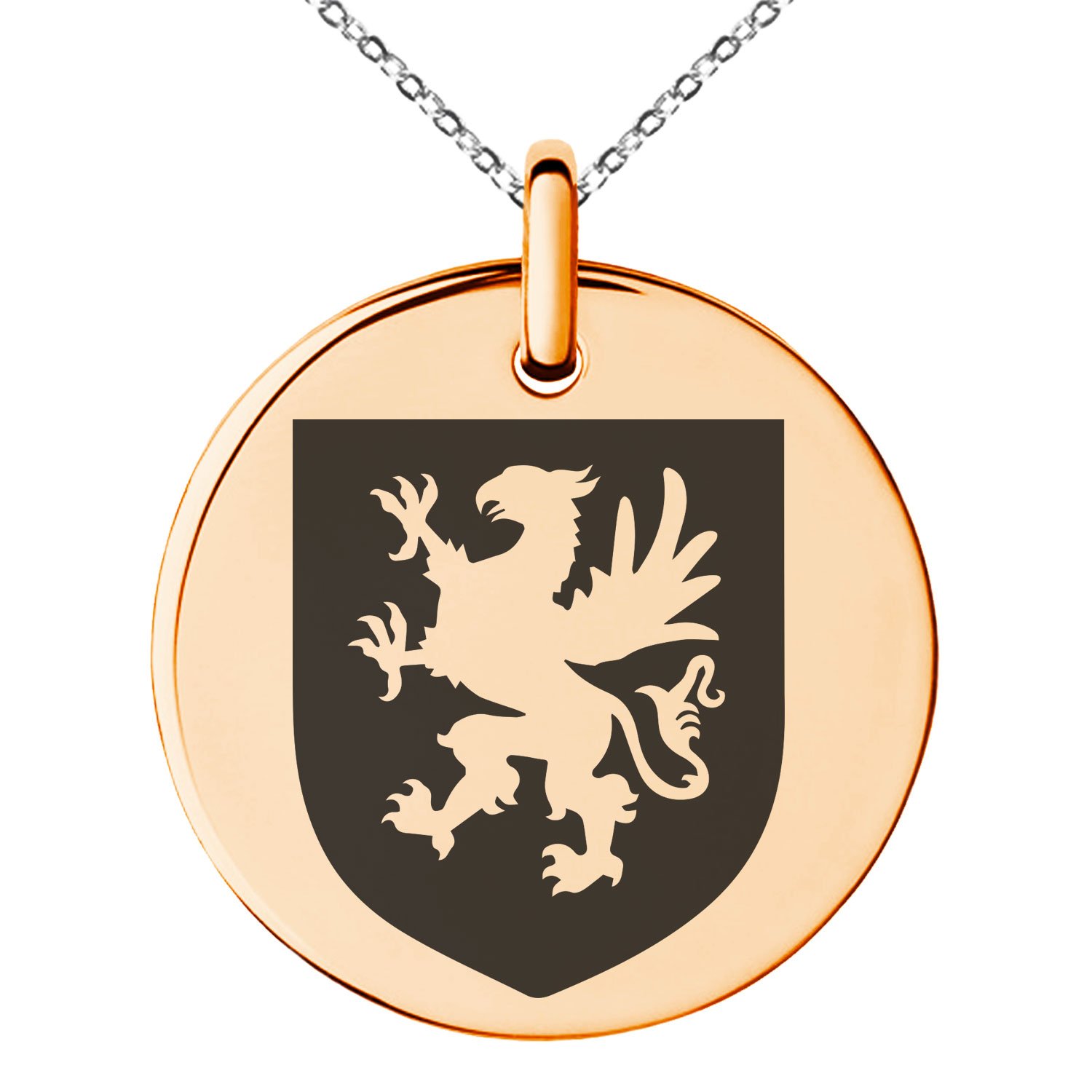 Tioneer Rose Gold Plated Stainless Steel Griffin Valor Coat of Arms Shield Symbol Small Medallion Circle Charm Pendant Necklace