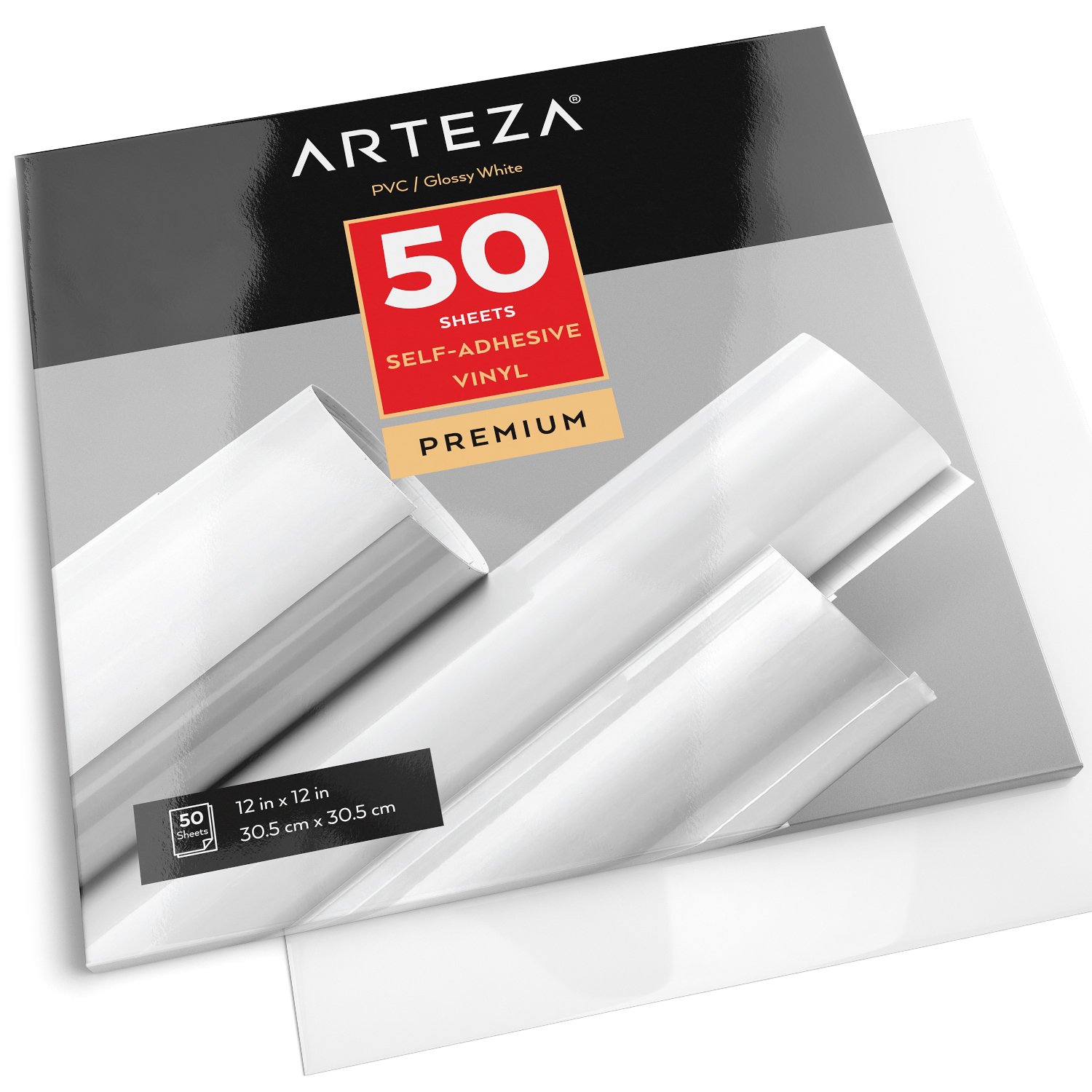 ARTEZA Self Adhesive Vinyl Sheets, 12 x 12 Inches, Pack of 50, Glossy White, Waterproof and Easy to Weed and Cut, SAV for DIY Projects