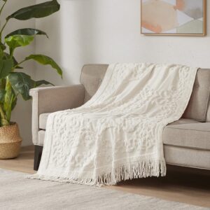 madison park 100% cotton tufted chenille design with fringe tassel luxury elegant chic lightweight, breathable cover, luxe cottage room décor summer blanket, 50" x 60", ivory