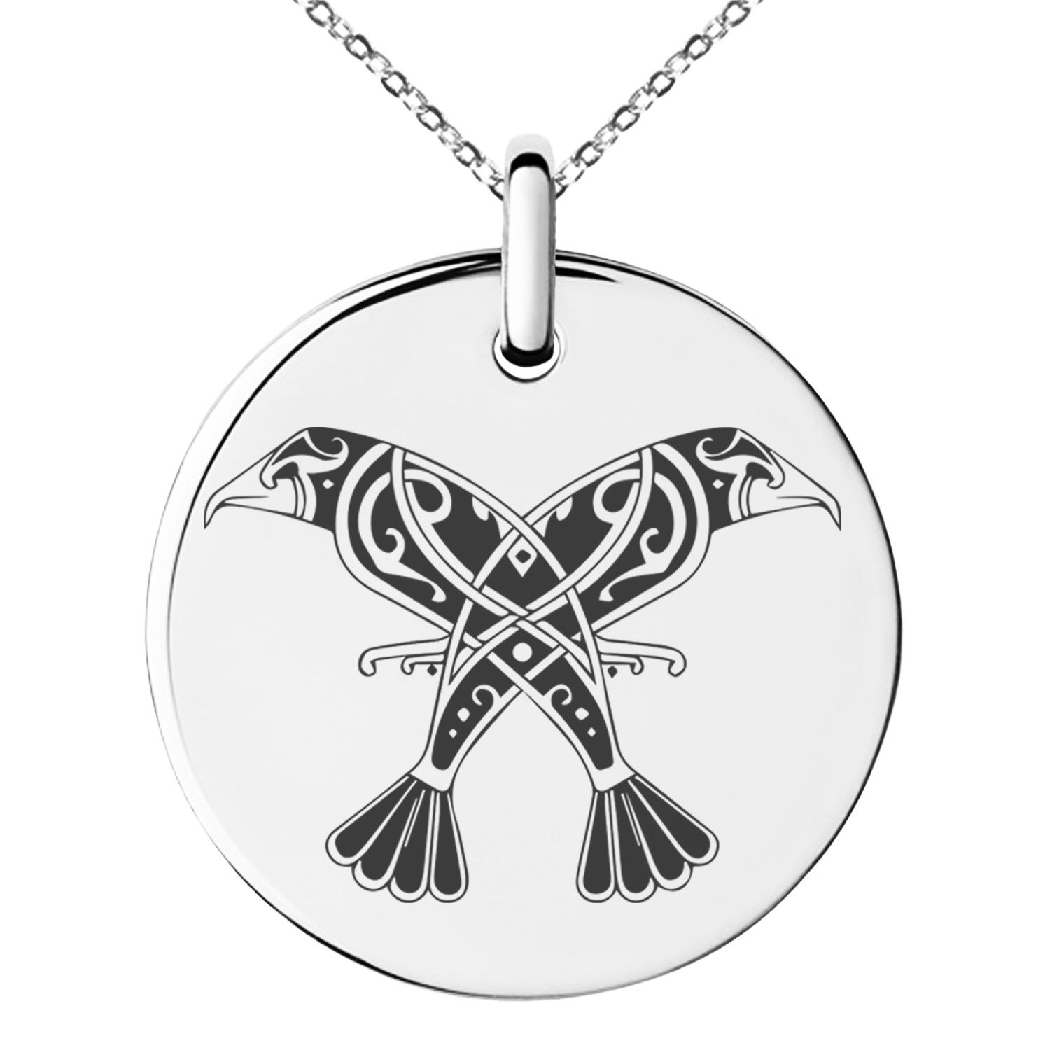 Stainless Steel Huginn & Muninn Odin's Twin Ravens Symbol Small Medallion Circle Charm Pendant Necklace