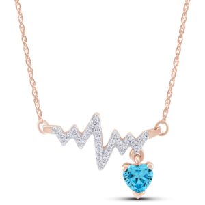 wishrocks heart & round cut simulated aquamarine & white cubic zirconia heartbeat & heart pendant necklace along with 18" silver chain jewelry for women in 14k rose gold over sterling silver