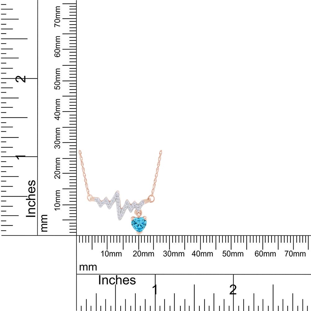 Wishrocks Heart & Round Cut Simulated Aquamarine & White Cubic Zirconia Heartbeat & Heart Pendant Necklace Along with 18" Silver Chain Jewelry for Women in 14k Rose Gold Over Sterling Silver