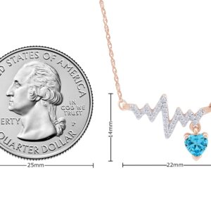 Wishrocks Heart & Round Cut Simulated Aquamarine & White Cubic Zirconia Heartbeat & Heart Pendant Necklace Along with 18" Silver Chain Jewelry for Women in 14k Rose Gold Over Sterling Silver