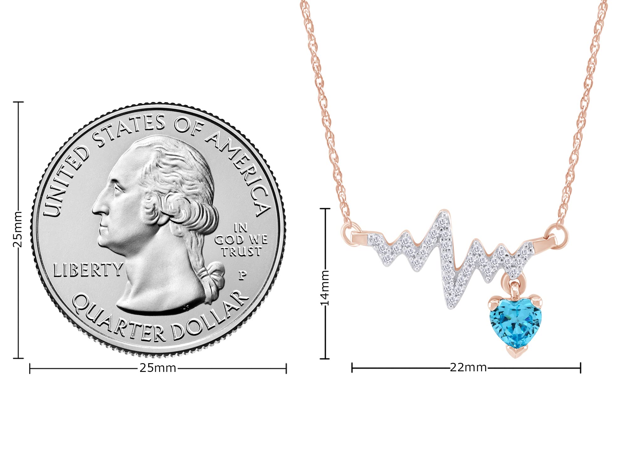 Wishrocks Heart & Round Cut Simulated Aquamarine & White Cubic Zirconia Heartbeat & Heart Pendant Necklace Along with 18" Silver Chain Jewelry for Women in 14k Rose Gold Over Sterling Silver