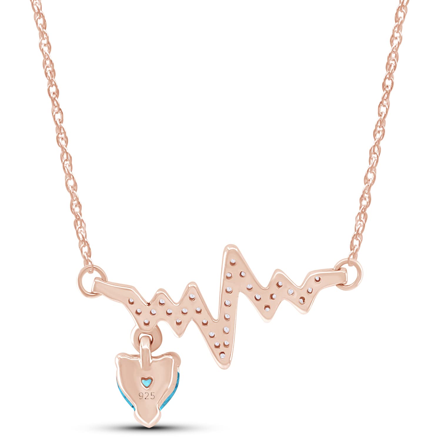 Wishrocks Heart & Round Cut Simulated Aquamarine & White Cubic Zirconia Heartbeat & Heart Pendant Necklace Along with 18" Silver Chain Jewelry for Women in 14k Rose Gold Over Sterling Silver