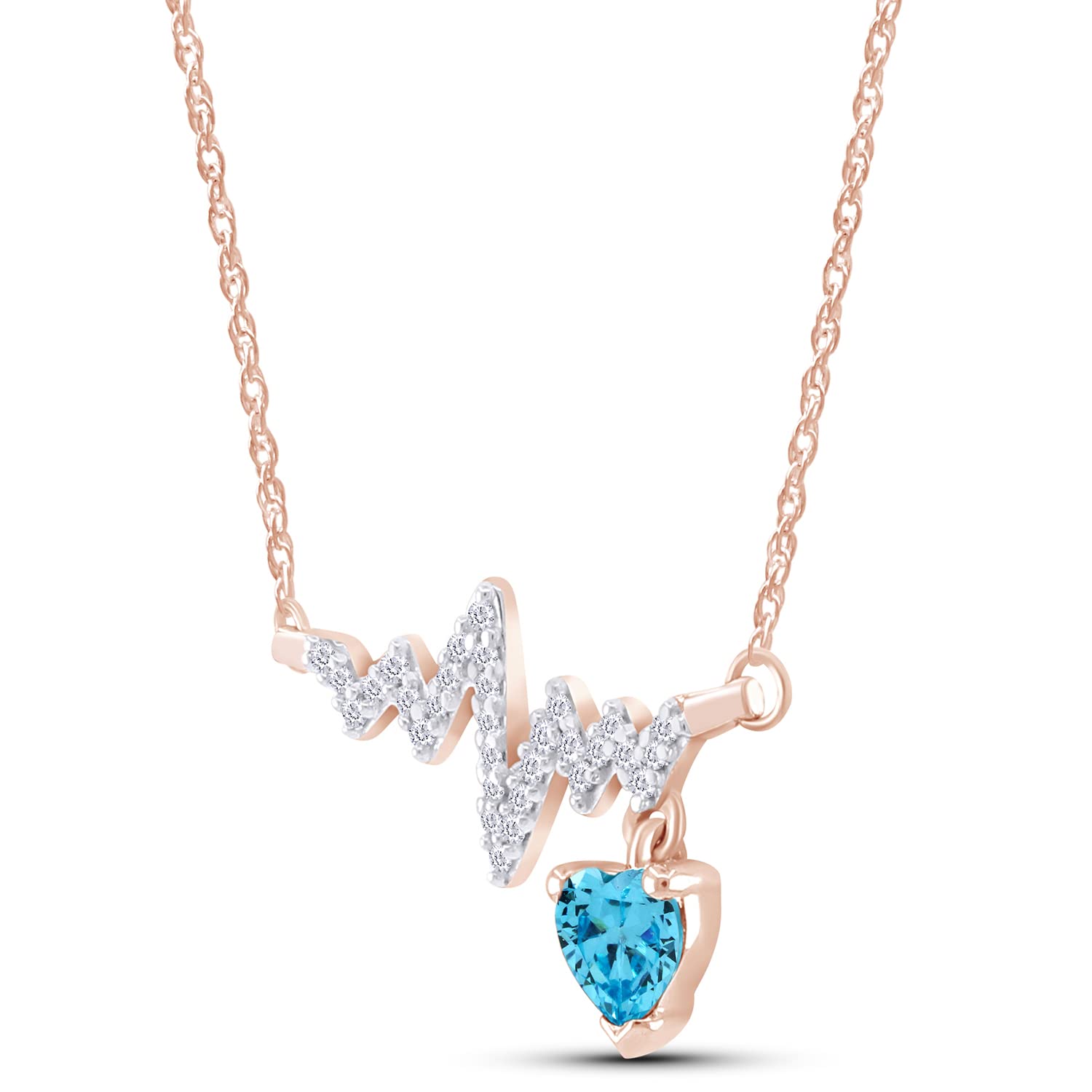 Wishrocks Heart & Round Cut Simulated Aquamarine & White Cubic Zirconia Heartbeat & Heart Pendant Necklace Along with 18" Silver Chain Jewelry for Women in 14k Rose Gold Over Sterling Silver