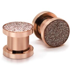 Pierce2GO Rose Gold Plated Sandpaper Ear Plugs Tunnels Stainless Steel Ear Gauges Plugs Tunnels Expanders Earrings with screw on/off closure - Unique Body Piercing