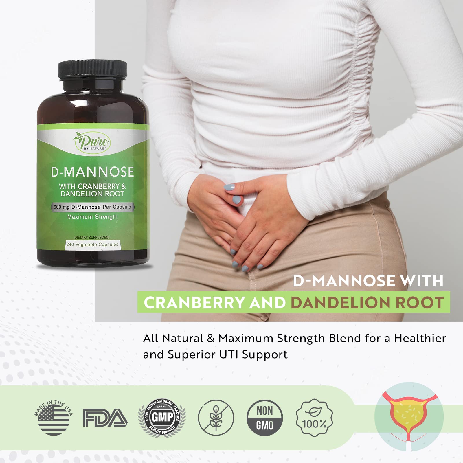 Pure By Nature 600mg D-Mannose Vegan Capsules with Cranberry & Dandelion Extract, Urinary Tract Health Support, Flush Impurity, Detox Body, 240 Count