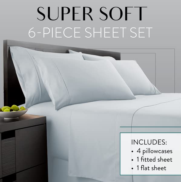 Danjor Linens King Size Sheets Set - 6 Piece Set Including 4 Pillowcases - Deep Pockets - Breathable, Soft Bed Sheets - Wrinkle Free - Machine Washable - Ice Blue King Bed Sheets - 6 pc