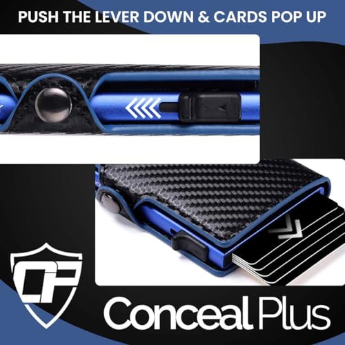 Card Blocr Pop Up Credit Card Wallet, RFID Blocking Credit Card Holder for men, Cool Wallets for Men in Carbon Wallet Design, Compact Card Holder Wallet for Secure Storage (Blue Carbon Fiber)