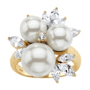 palmbeach yellow gold-plated or platinum-plated sterling silver round bead simulated pearl and cubic zirconia ring size 9