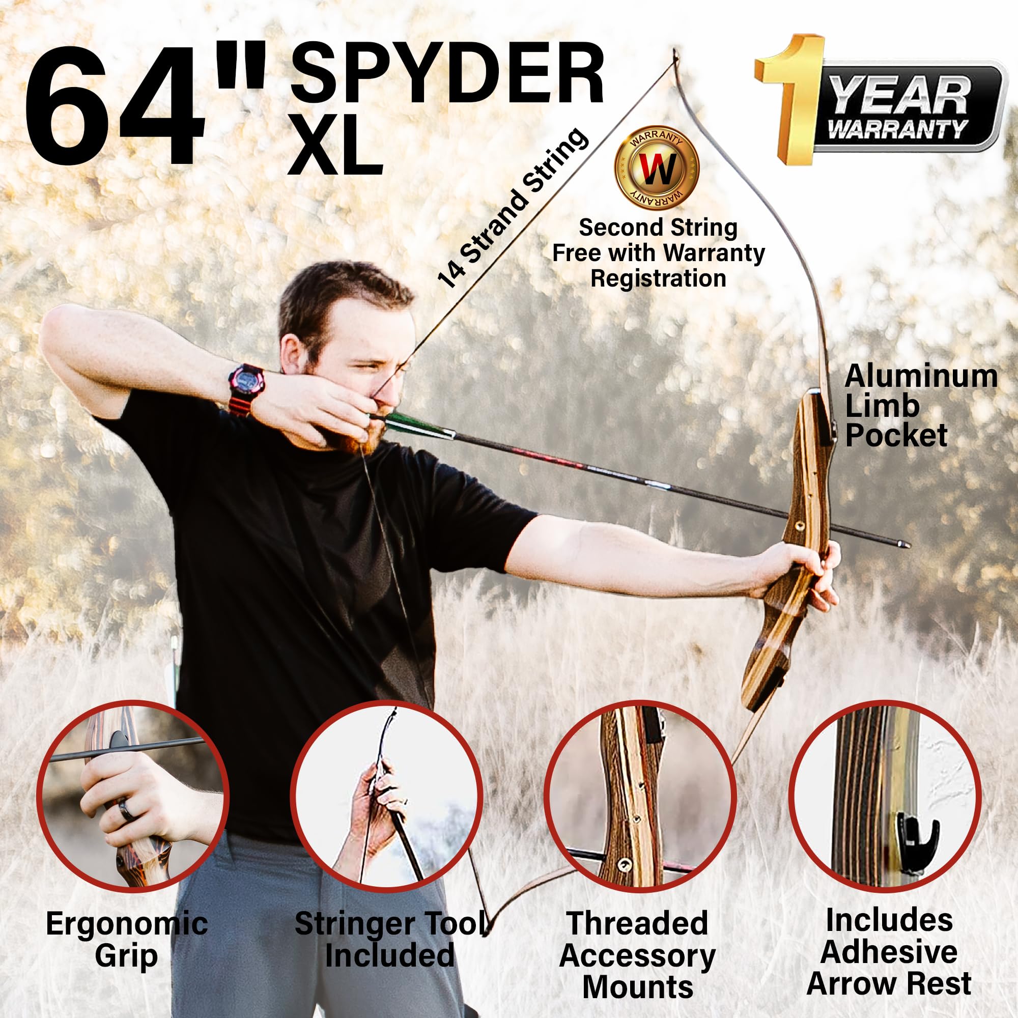 Spyder XL Takedown Recurve Bow and Arrow Set ? 64" Recurve Hunting Bow ? Right & Left Hand ? Draw Weights in 30-55 lbs ? USA Based Company ? Perfect for Beginner to Intermediate SpyderXL-55R-WS