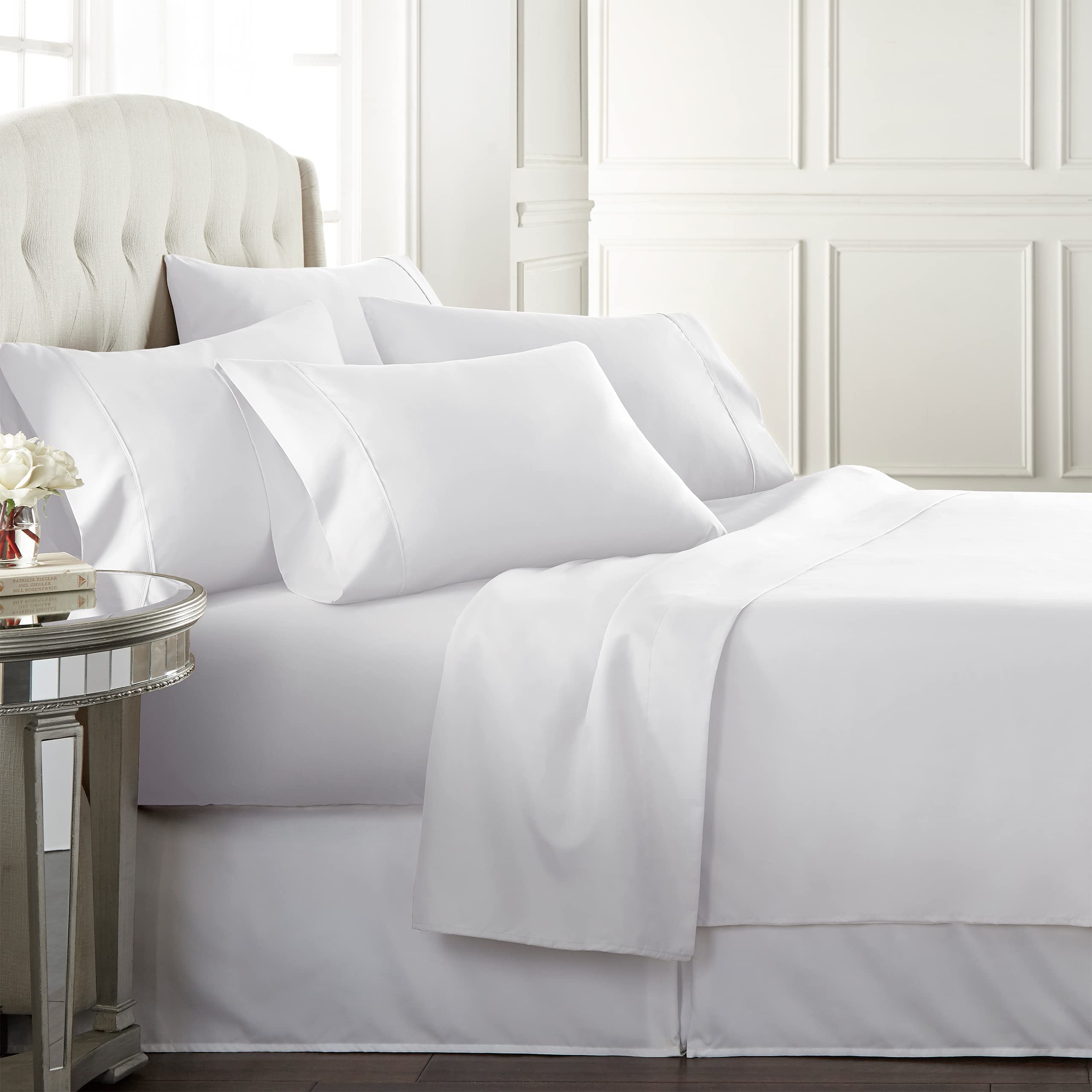 Danjor Linens King Size Sheets Set - 6 Piece Set Including 4 Pillowcases - Deep Pockets - Breathable, Soft Bed Sheets - Wrinkle Free - Machine Washable - White King Bed Sheets - 6 pc