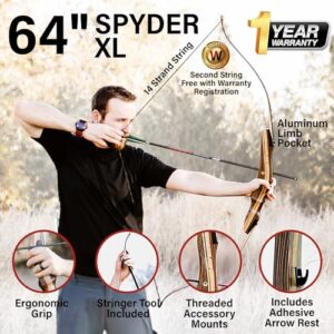 Spyder Takedown Recurve Bow - Hunting & Target Bow - Fast, Accurate, Versatile - Handcrafted Riser - Fiber Glass Maple Limbs - XL 64" Right Hand, 40lb with Stringer Tool