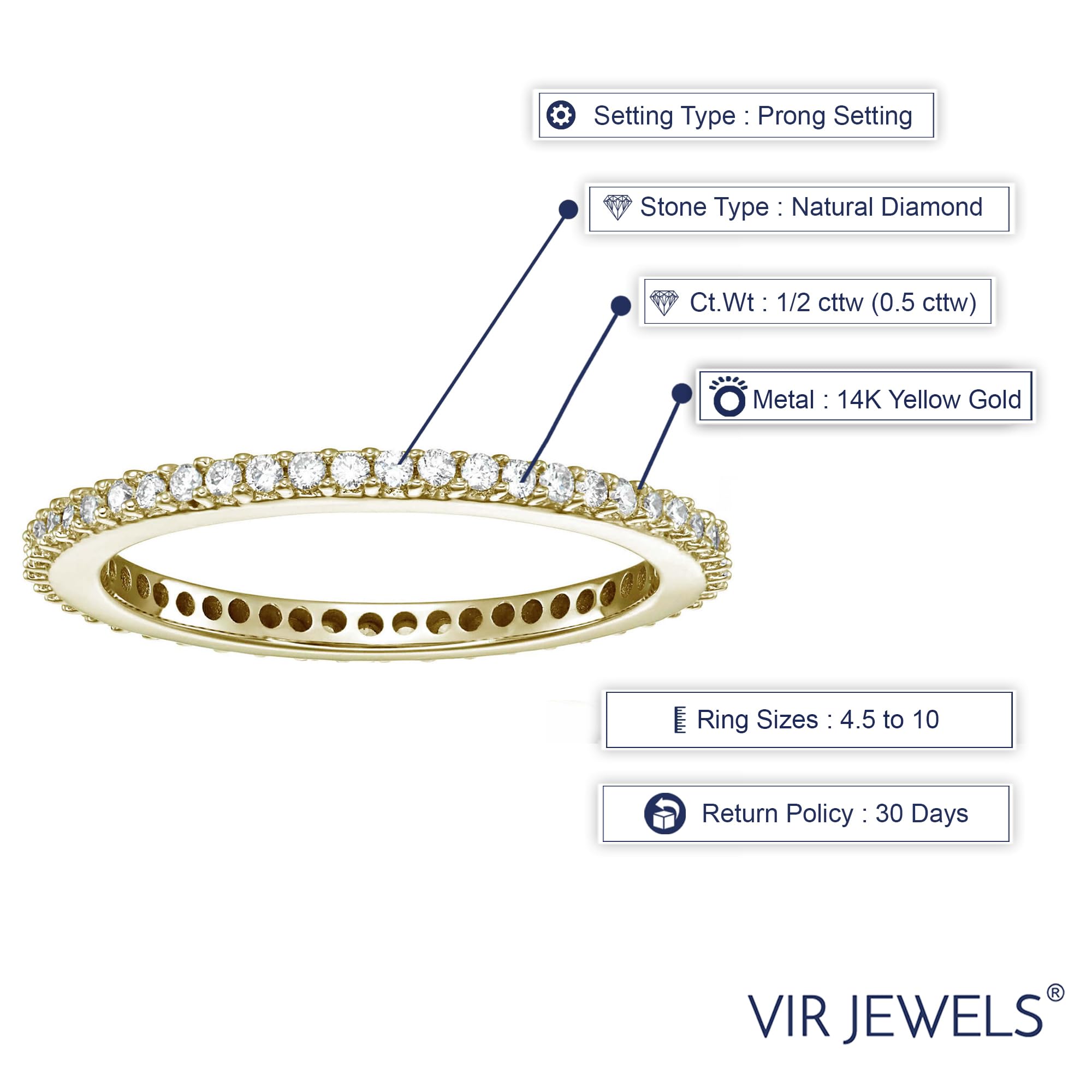 VIR JEWELS 1/2 cttw Diamond Eternity Ring for Women, Wedding Band in 14K Yellow Gold Prong Set, Size 8.5