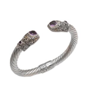 novica handmade barong crest - 6" l x 0.5" w, 18k gold accents .925 sterling silver rope pattern cuff bracelet, 3ct amethyst bangle design