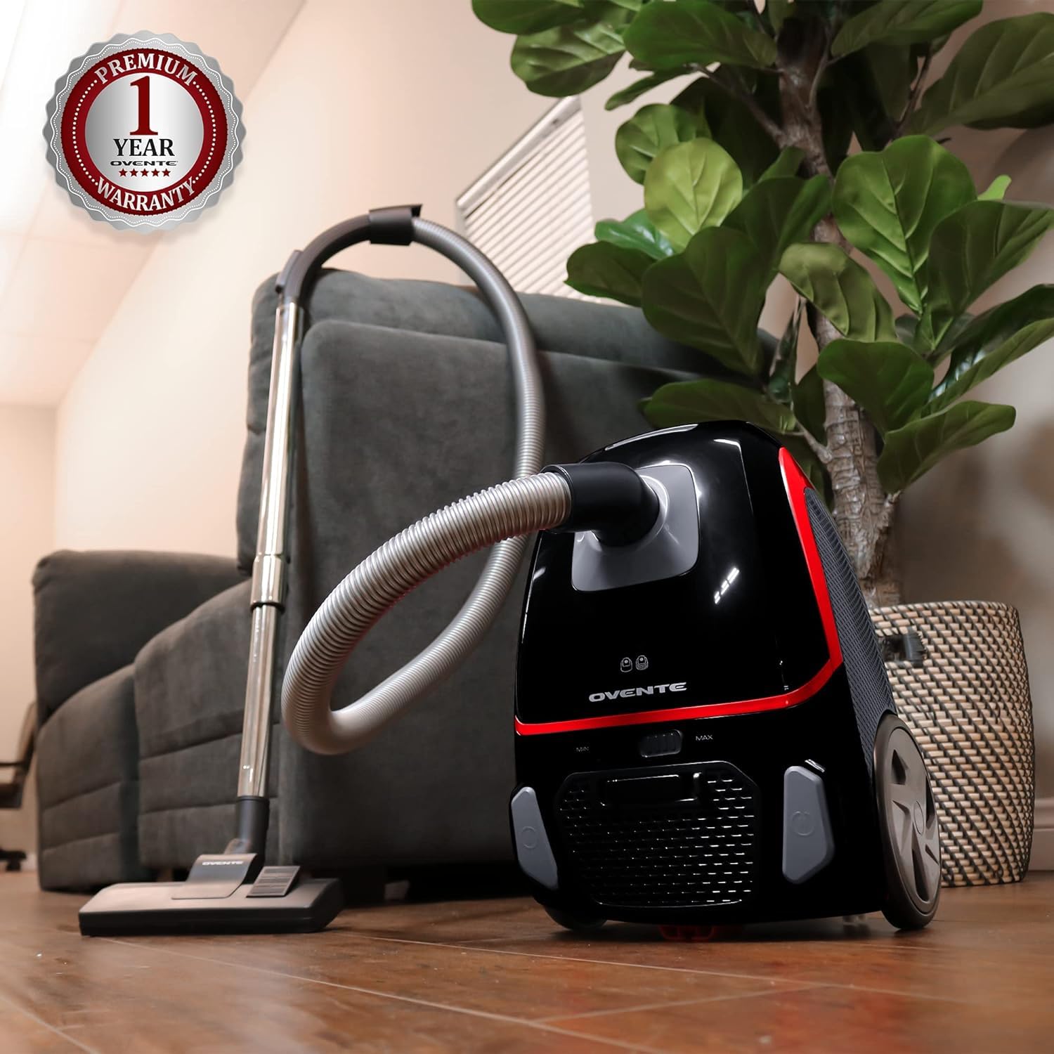 OVENTE Electric Vacuum Cleaner with Speed Control Suction, Adjustable Stainless Steel Wand and Automatic Cord Rewind, Lightweight Cleaning Machine for Hard Floors and Carpets, Black ST1600B