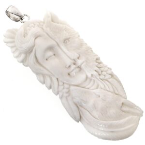 Carving Goddess Of The Hunt Buffalo Bone 925 Sterling Silver Pendant, 3 3/8"