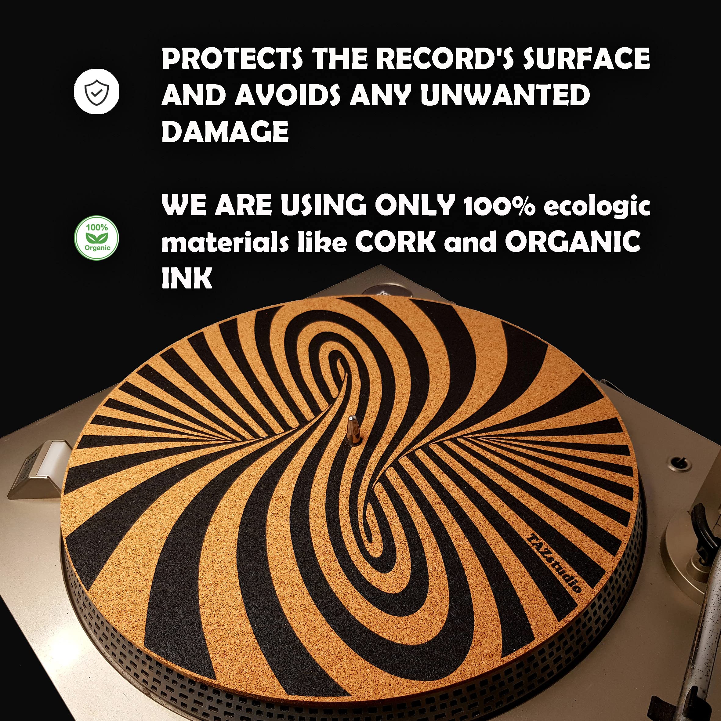 TazStudio Premium slipmat - Cork Turntable Mat for Better Sound Support on Vinyl LP Record Player - Cork mat Original Geometric Design Psychedelic Geometric spiral Art [4mm Thickness]-m7