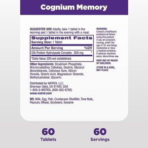 Natrol Cognium Memory Extra Strength Silk Protein Hydrolysate 200mg, Dietary Supplement for Brain Health and Memory Support, 60 Tablets, 30 Day Supply