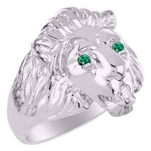 Rylos Conversation Starter Diamonds & Emerald Eyes & Mouth of this Fabulous Lion Head Ring Set in Sterling Silver Size 10