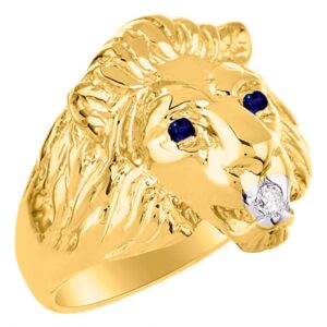 Rylos Conversation Starter Diamonds & Sapphire Eyes & Mouth of this Lion Head Ring Set in 14K Yellow Gold Plated Silver Size 9