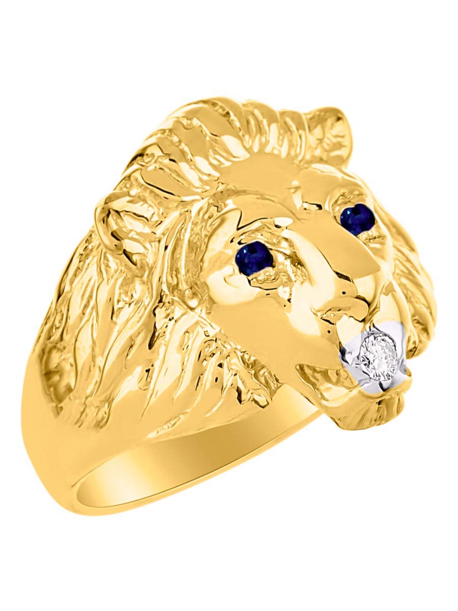 Rylos Conversation Starter Diamonds & Sapphire Eyes & Mouth of this Lion Head Ring Set in 14K Yellow Gold Plated Silver Size 9