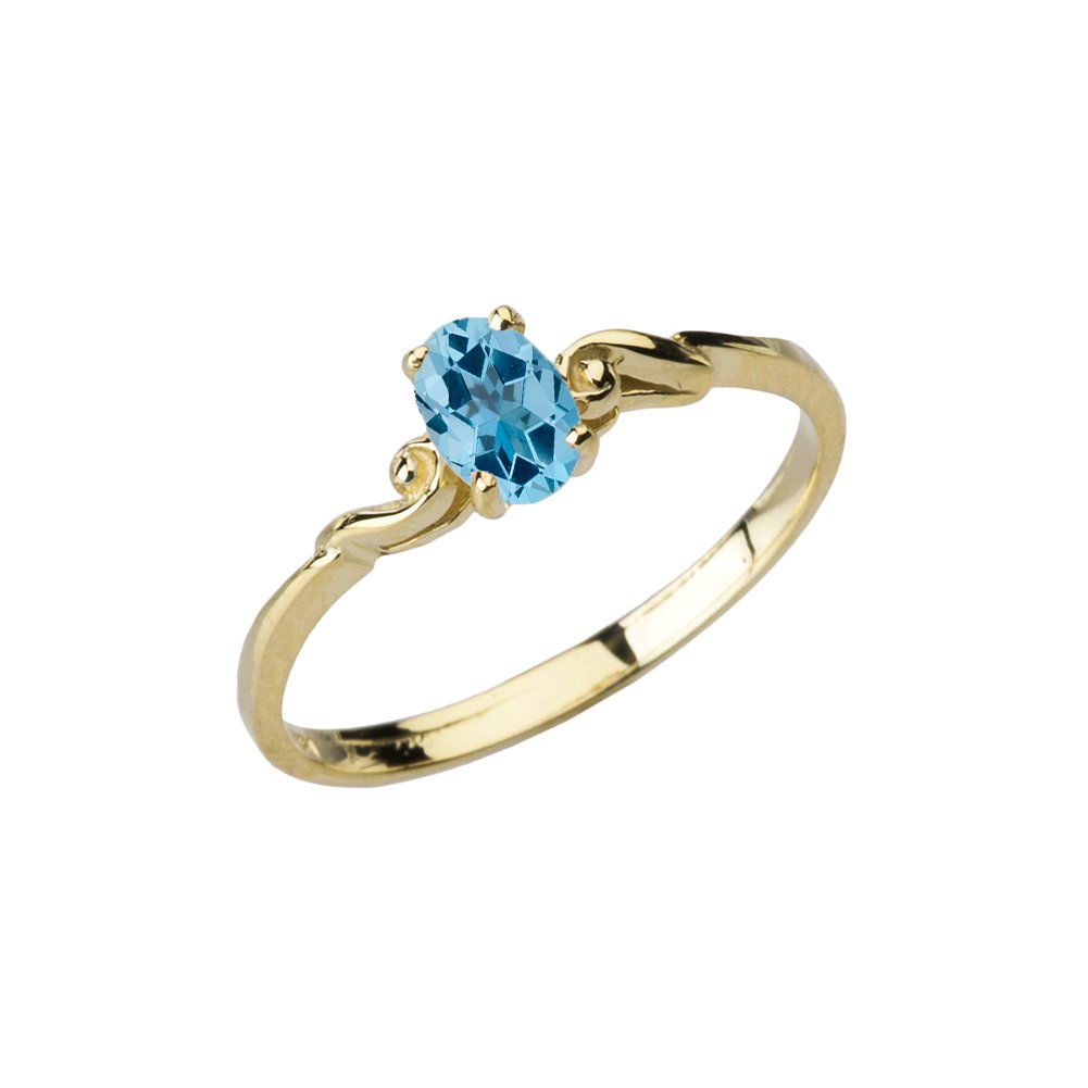 Dainty 14k Yellow Gold Genuine Blue Topaz Swirled Engagement/Promise Solitaire Ring (Size 8.5)