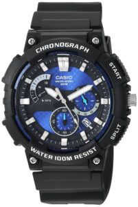 casio mcw200h series | men’s analog watch | black/blue | 100m wr | retrograde chronograph | 1 second stopwatch | date display | multi dial | resin glass | resin case | resin band | 3 year batt