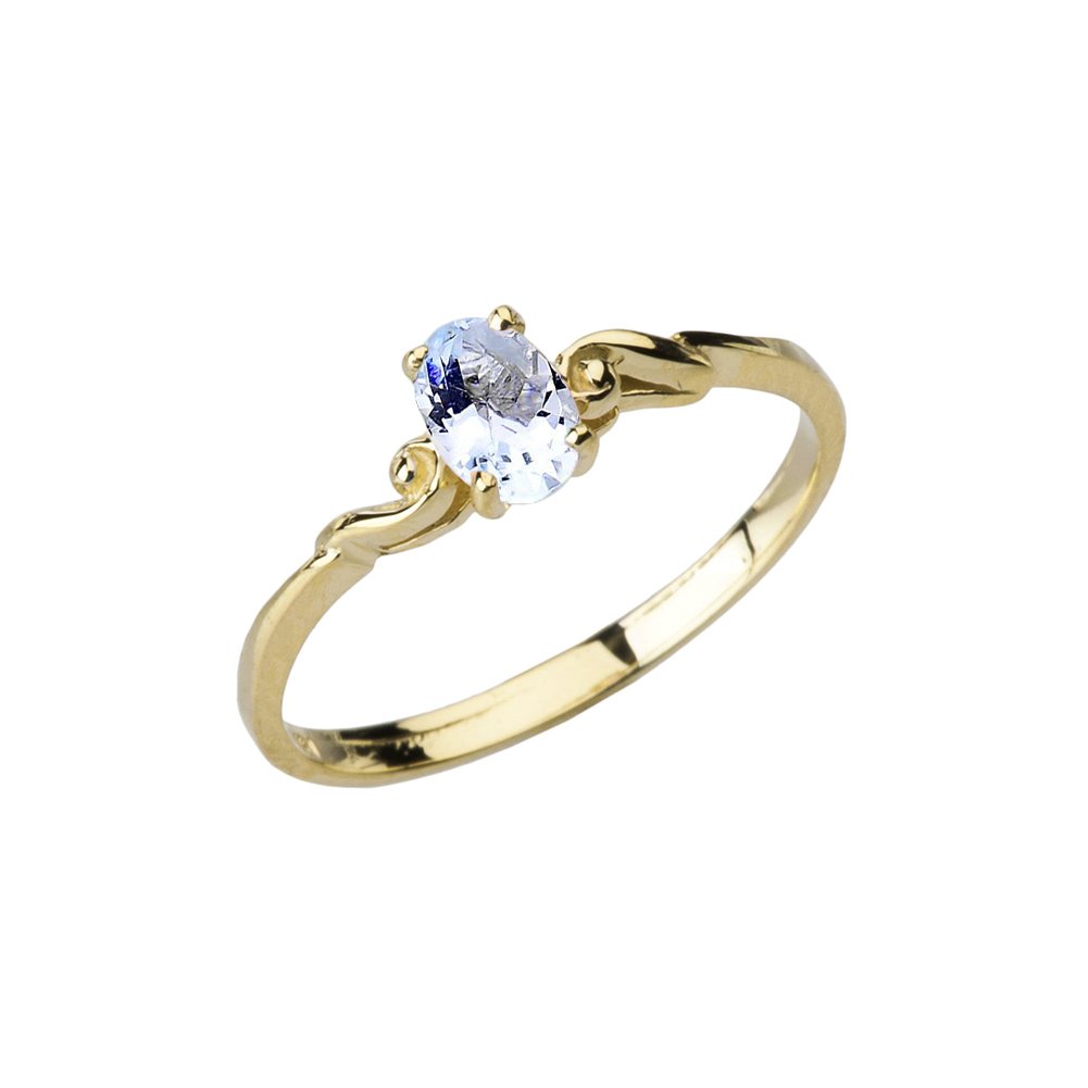 Dainty 10k Yellow Gold Genuine Aquamarine Swirled Engagement/Promise Solitaire Ring (Size 8)