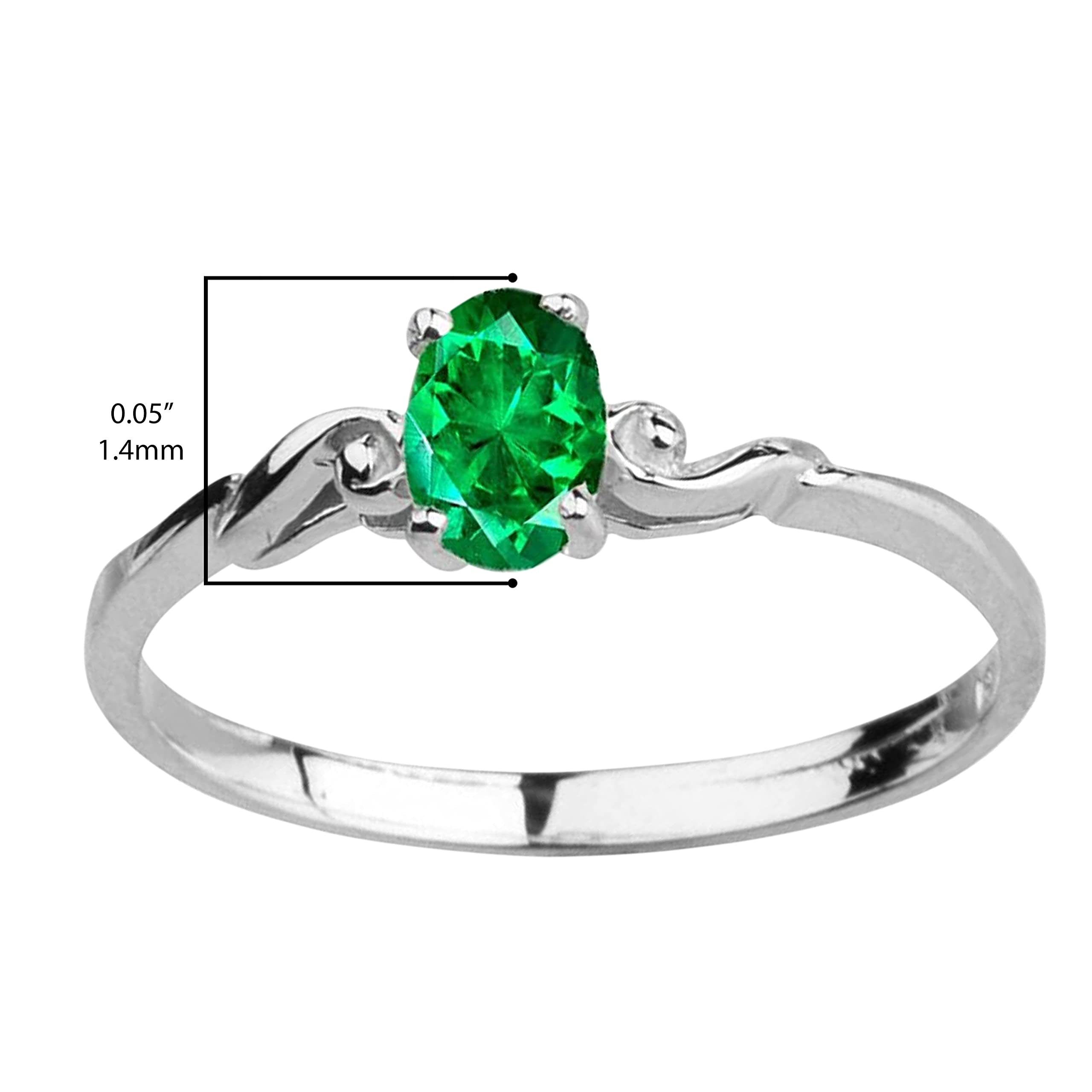 14K White Gold Oval Cut Green Emerald Solitaire Swirled Wavy May Birthstone Promise or Engagement Ring - Size 7