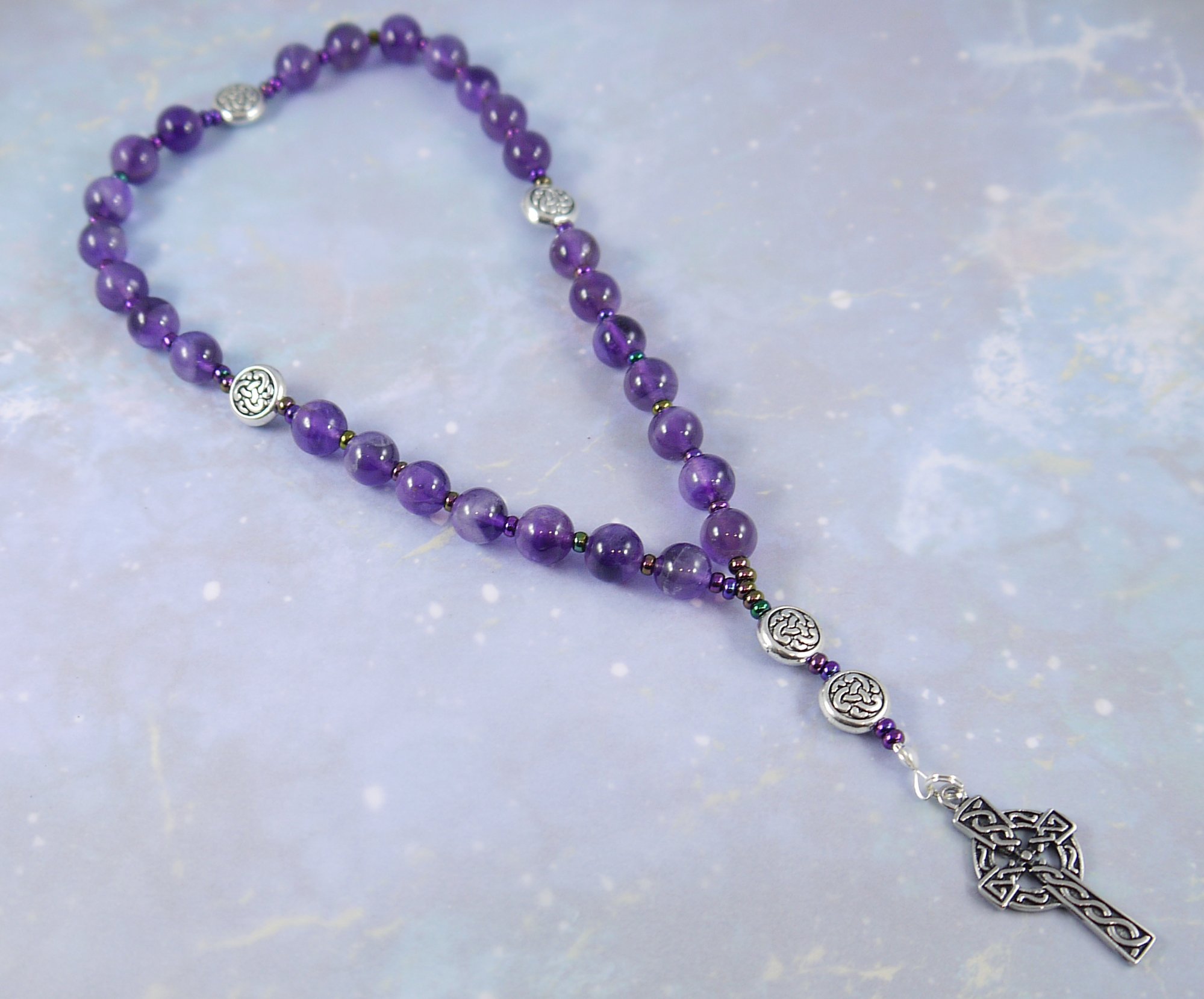 Kit Johnson Designs, Anglican Rosary Beads Amethyst Celtic Cross, Prayer Bag, Instruction Booklet