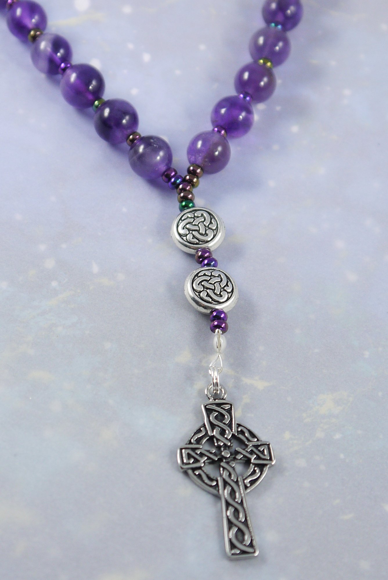 Kit Johnson Designs, Anglican Rosary Beads Amethyst Celtic Cross, Prayer Bag, Instruction Booklet