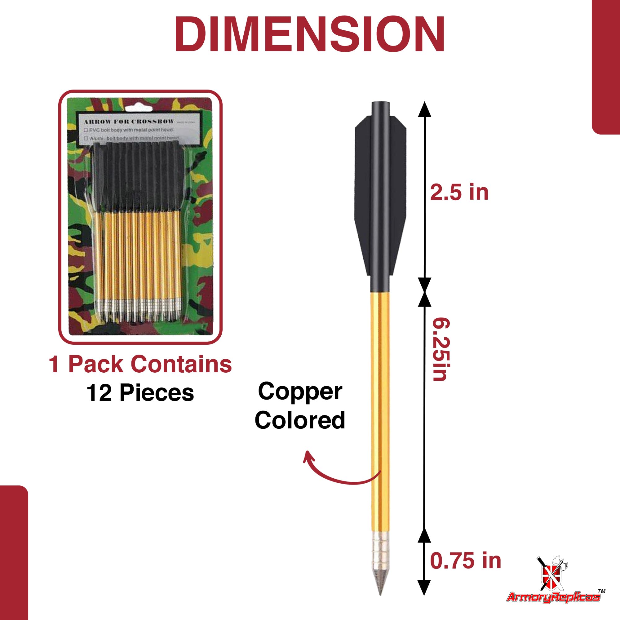 Armory Replicas™ - Armory Replicas - Replacement Archery Arrows for Crossbow - 6.25 Inch Metal Arrows 12 Pack - Assorted Pack of Dart Arrows Sports and Outdoor