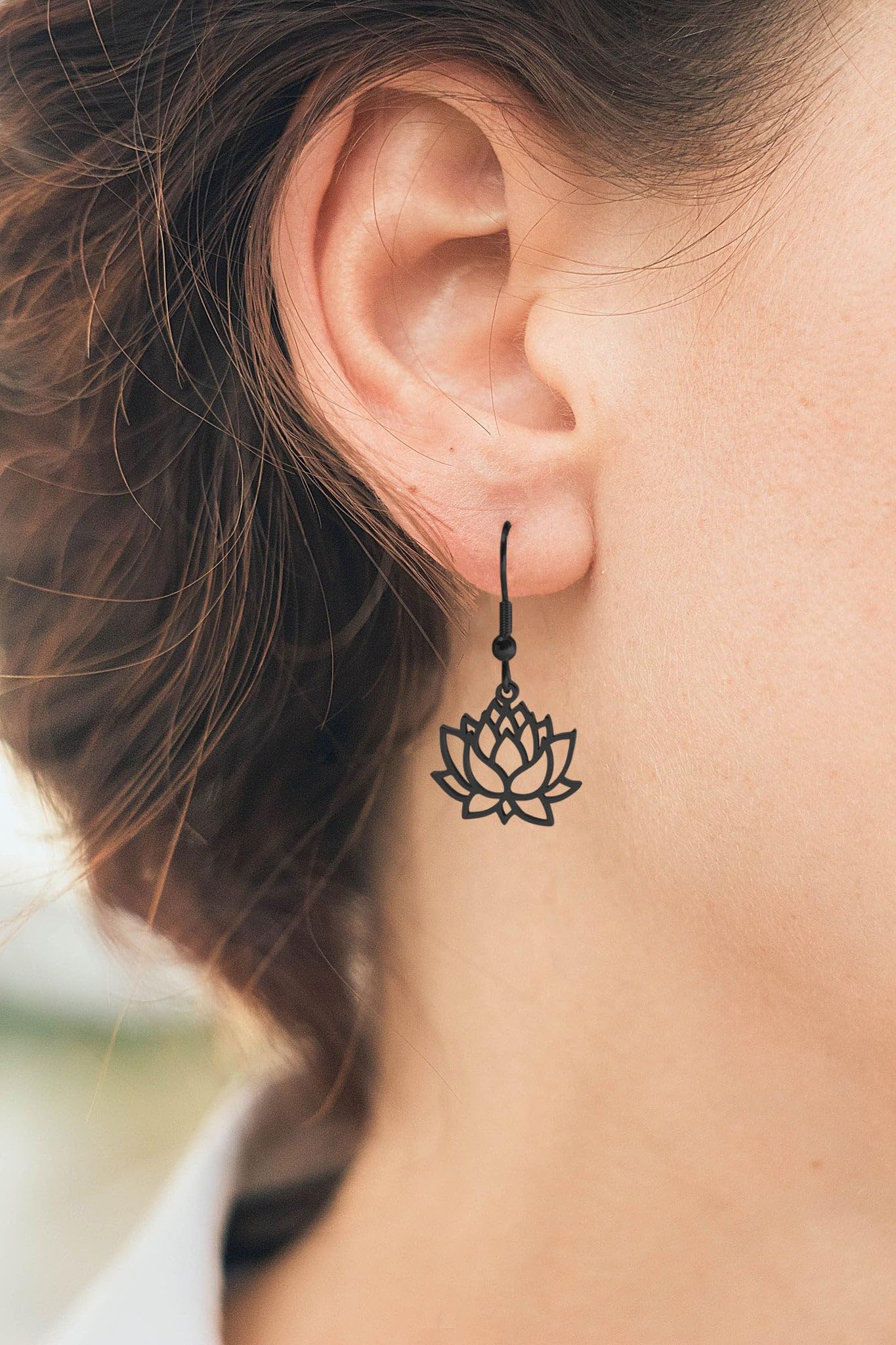 Lotus Flower Stainless Steel Dangle Earrings (Black)