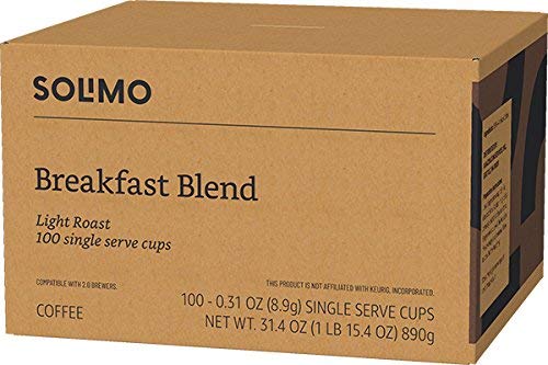 Amazon Brand - Solimo Light Roast Coffee Pods, Breakfast Blend, Compatible with Keurig 2.0 K-Cup Brewers, 100 Count