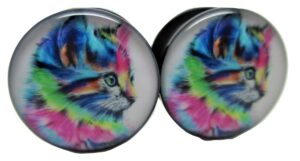 pierced republic colorful kitten ear plugs - acrylic - screw-on - new *pair* - 8 sizes (2 gauge (6mm))