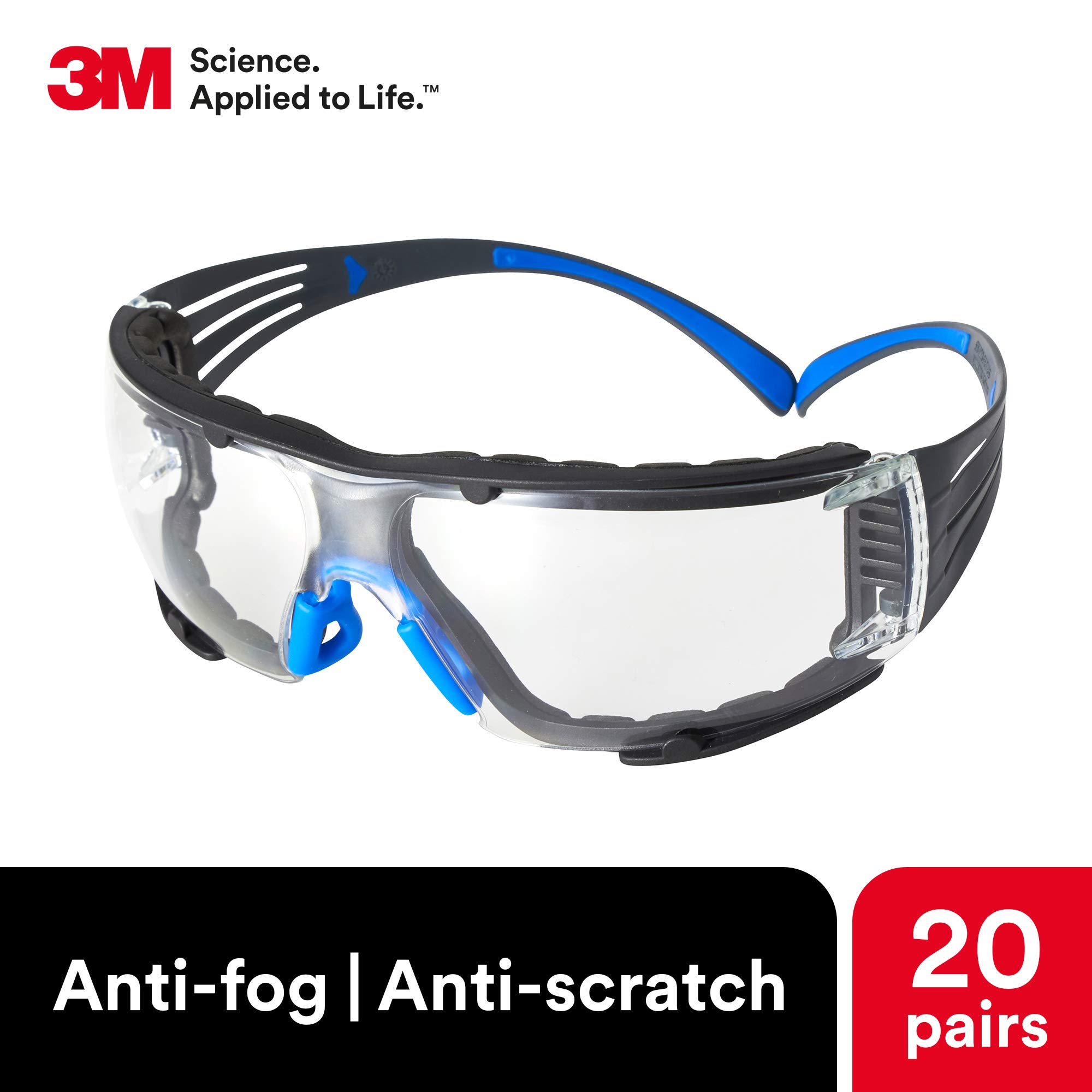 3M Safety Glasses for Men and Women, SecureFit 400, 20 Pack, ANSI Z87 Eye Protection, Scotchgard Anti-Fog Anti-Scratch Clear Lens, Blue/Gray Frame, Removable Foam Gasket, Flexible Temples