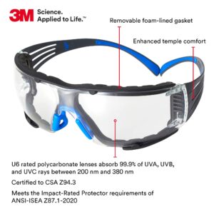 3M Safety Glasses for Men and Women, SecureFit 400, 20 Pack, ANSI Z87 Eye Protection, Scotchgard Anti-Fog Anti-Scratch Clear Lens, Blue/Gray Frame, Removable Foam Gasket, Flexible Temples