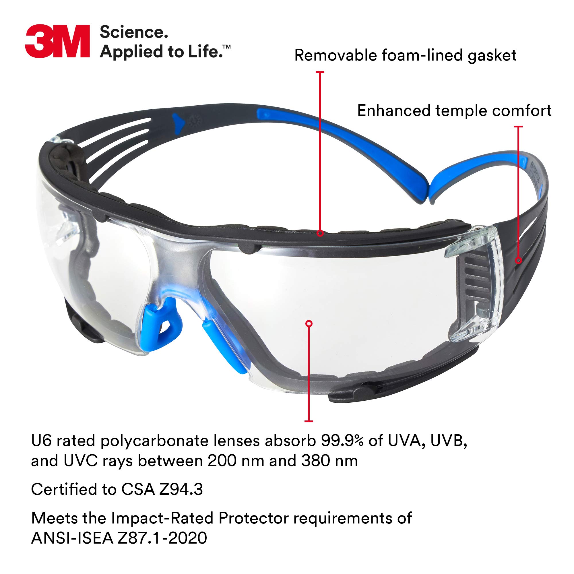 3M Safety Glasses for Men and Women, SecureFit 400, 20 Pack, ANSI Z87 Eye Protection, Scotchgard Anti-Fog Anti-Scratch Clear Lens, Blue/Gray Frame, Removable Foam Gasket, Flexible Temples