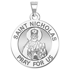 picturesongold.com saint nicholas religious medal - 3/4 inch size of a nickel -sterling silver with engraving