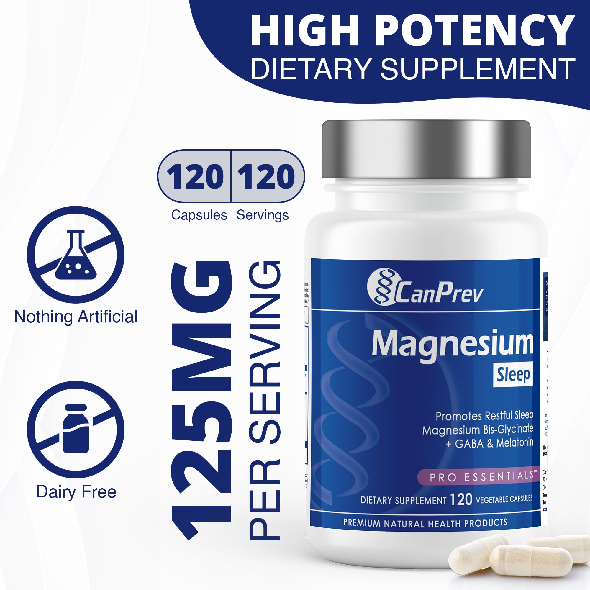 CanPrev - Magnesium Bisglycinate Chelated + GABA & Melatonin 120 Caps - Muscle Health, Bone Health and Cramp Relief - 3rd Party Tested - Formulated & Made in Canada