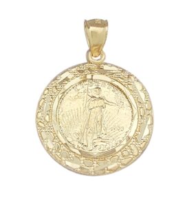 walking liberty coin and bezel pendant 10k yellow gold