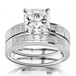 14k white gold 1.59 ctw princess cut classic channel set princess cut diamond engagement ring and wedding band set, d-e color vs1-vs2 clarity, 0.74 ct center