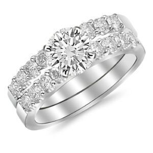 14K White Gold 2.51 CTW Round Cut Classic Prong Set Bridal Set With Wedding Band and Diamond Engagement Ring, J Color SI2-I1 Clarity, 1.5 Ct Center