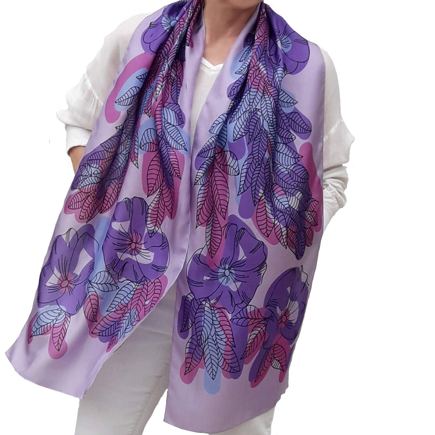 Artistic Hand Painted Long Silk Scarf for Women Fashion Boho Wrap Floral Patterns Trendy Purple Pink Neck Scarfs Unique Designer Shawl Womens Birthday Gift Mother Day Gift Handmade Gifts for Her