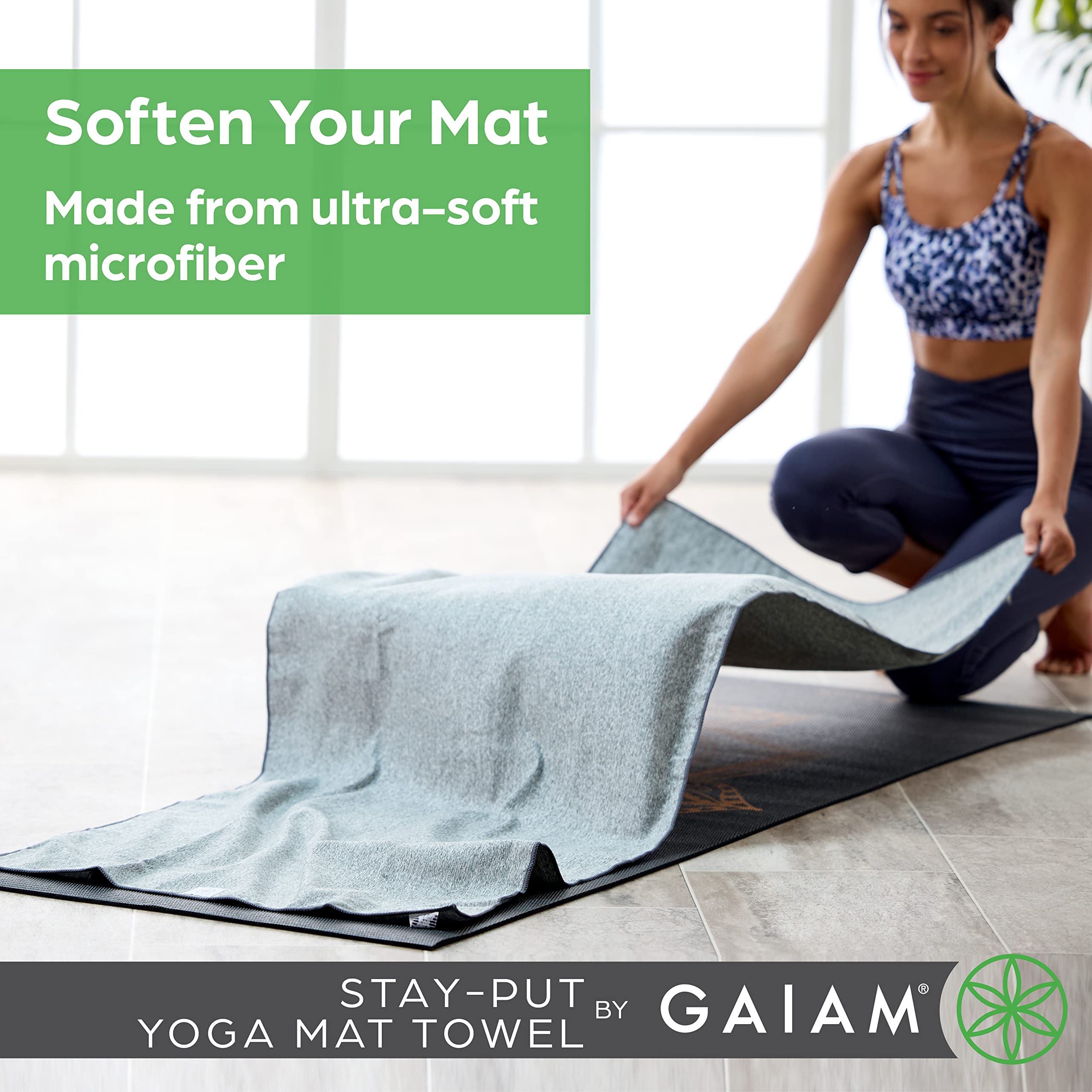 Gaiam Stay Put Yoga Towel Mat (Fits Over Standard Size - 68"L x 24"W), Lake